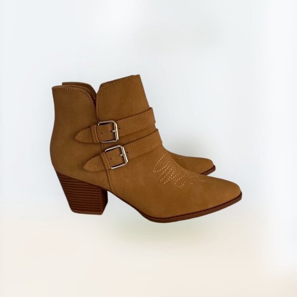 ZBY Womens Tan Western Ankle Boots With Double Buckle & Stacked Heel Size 9.5 - Picture 1 of 9